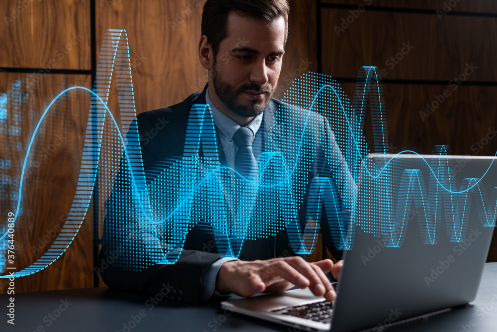 Poster businessman in office working with laptop technology online trading graph and chart, typing computer