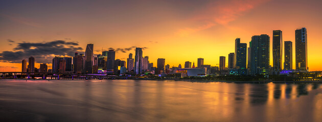 Sunset above Downtown Miami Skyline and Biscayne Bay
