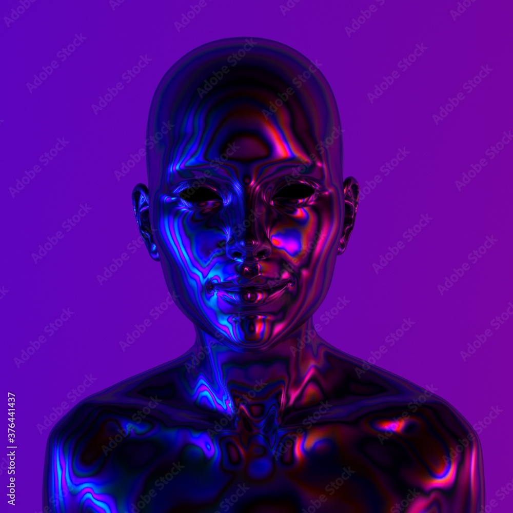 Poster robot or artificial human made of black plastic material in neon lights. 3d rendering illustration i