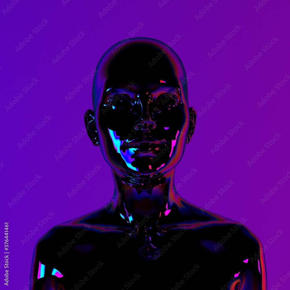 Poster robot or artificial human made of black plastic material in neon lights. 3d rendering illustration i