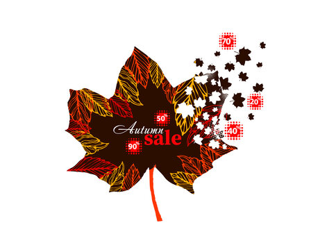 Colorful autumn leaf. Maple yellow leaf. Autumn discounts, sales. Mixed media. Vector illustration