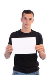 Young man holding a sign to write
