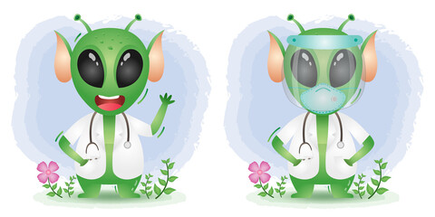 cute alien with costume doctor using face shield and mask