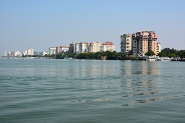 The view of the Marine Drive in Ernakulam and Cochin Port or Kochi Port on the Laccadive Sea in the city of Kochi, India