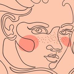 Vector outline colorful illustration of portrait woman. One line drawing. Use it for design card, poster, banner, social Media post, fashion print, beaty salon logo