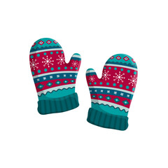 Pair of knitted winter mittens isolated on white background. Vector illustration. Warm mitten icon. Christmas greeting card with mittens. Bright colors.