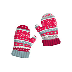 Pair of knitted winter mittens isolated on white background. Vector illustration. Warm mitten icon. Christmas greeting card with mittens. Bright colors.