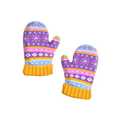 Pair of knitted winter mittens isolated on white background. Vector illustration. Warm mitten icon. Christmas greeting card with mittens. Bright colors.