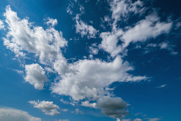 Blue sky with clouds in sunshine (wide natural cloudscape background panorama)
