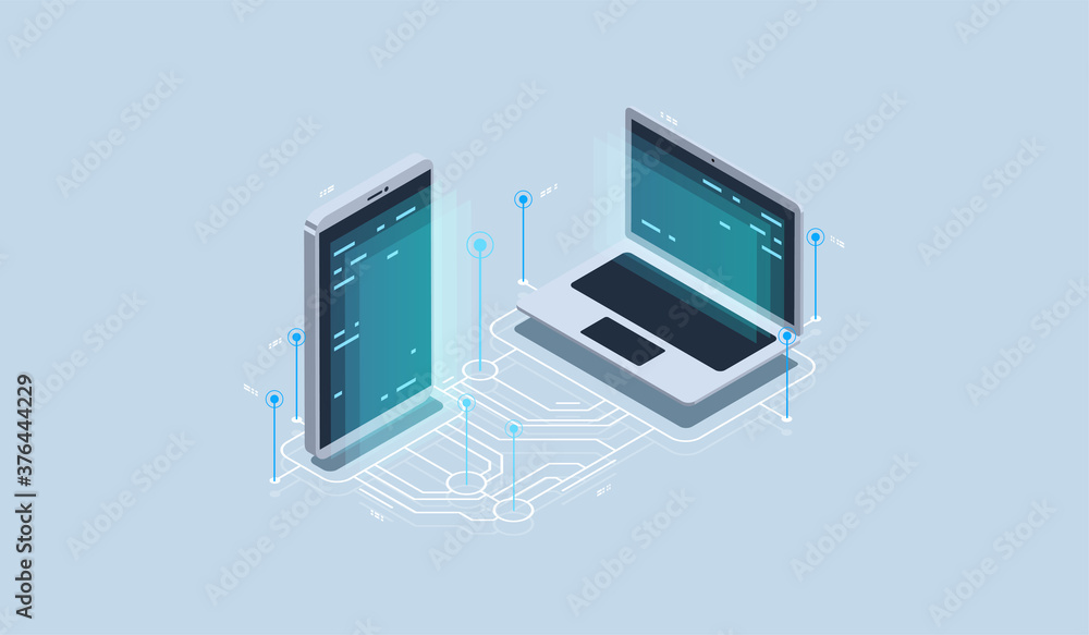 Poster big data processing, data center warehouse, data science, server room. tech visualization. modern is