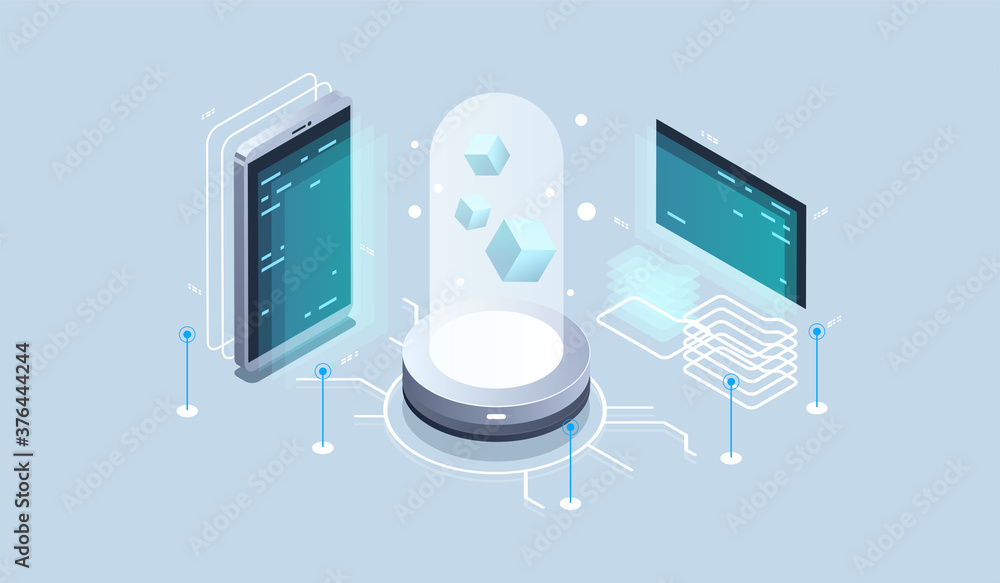 Poster big data processing, data center warehouse, data science, server room. tech visualization. modern is