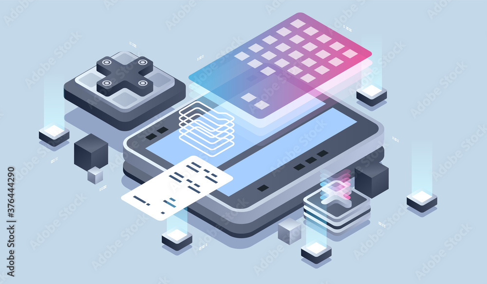 Poster Web design and development. Mobile application development, Programmer and engineering isometric illustration.