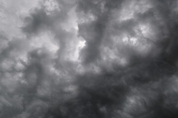Dark dramatic cloudy overcast sky with thunderstorm clouds. Natural bad weather and climate sky...