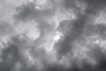 Dark dramatic cloudy overcast sky with thunderstorm clouds. Natural bad weather and climate sky...