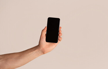 Fototapeta na wymiar Male hand presenting smartphone with blank screen over light background, mockup for design