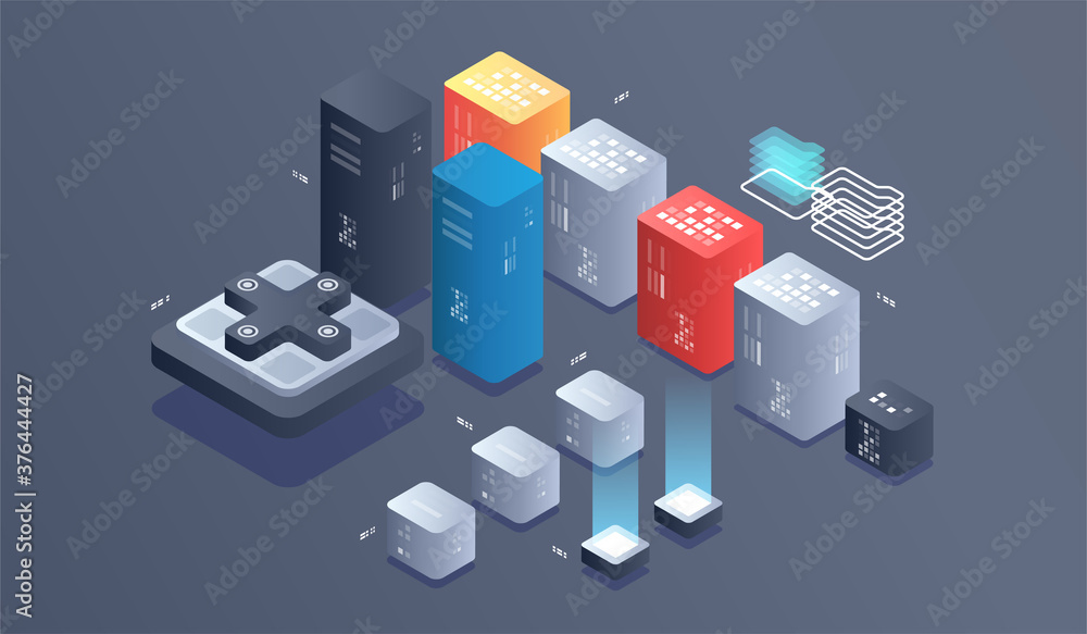 Poster isometric digital technology web banner. big data machine learning algorithms. interacting data anal