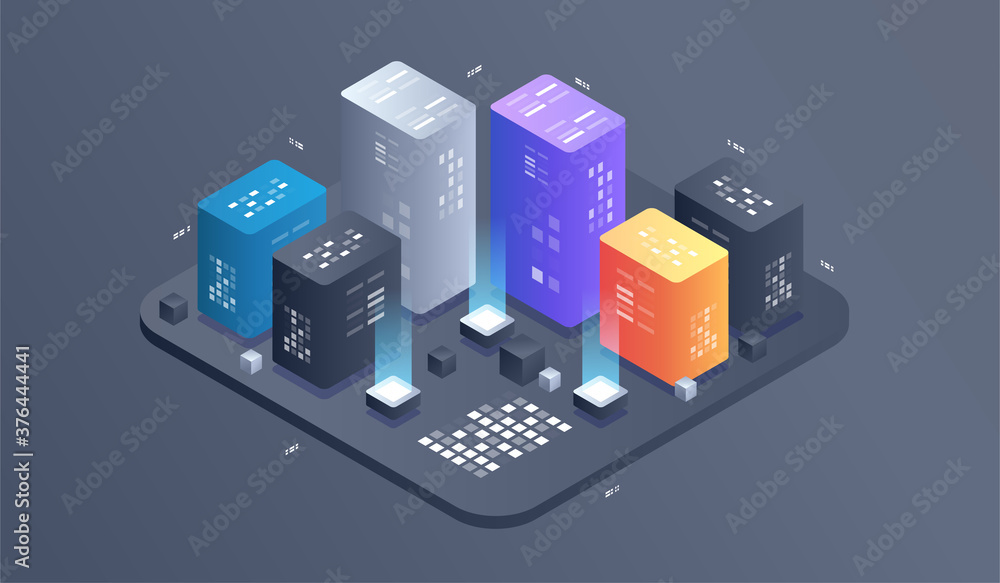 Poster isometric digital technology web banner. big data machine learning algorithms. interacting data anal