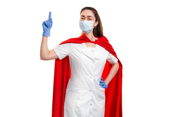 A doctor wearing medical gloves and a superhero cape calls for health care. Isolated on white background. Copy space. The concept of the Power of a super hero for medicine
