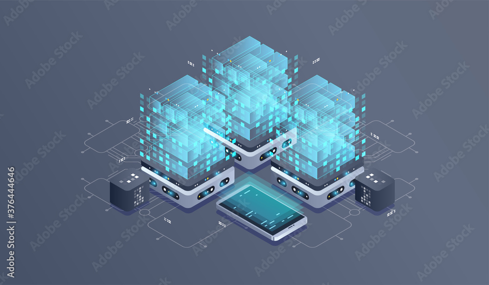 Poster technology isometric infographic design for quantum computer. blockchain server concept, server room