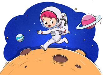 Niño astronauta corriendo feliz sobre un planeta en el espacio © malosdedos