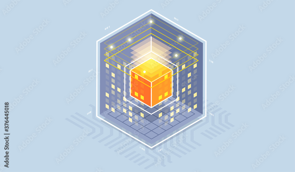 Poster technology isometric infographic design for quantum computer, artificial intelligence, concept of bi