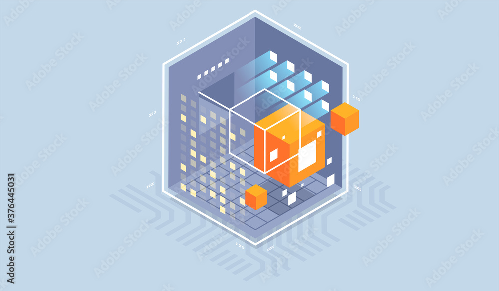 Poster technology isometric infographic design for quantum computer, artificial intelligence, concept of bi