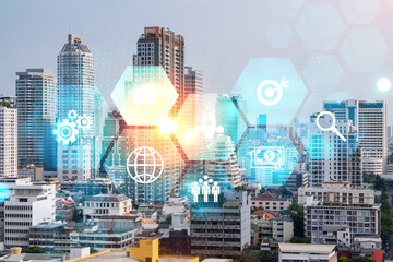 Research and development hologram over panorama city view of Bangkok, hub of new technologies to...