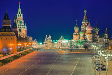 Vasilyevsky Descent near St Basil's Cathedral and Moscow Kremlin. View of the Red Square at night.