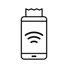 Online cash desk. Mobile device and cash register receipt. Electronic contactless purchase. Smartphone with invoice and touch payment function. Contour isolated vector, black and white linear icon © akininam