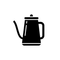 Silhouette Pour over coffee kettle. Outline icon of punch pot with long spout. Black simple illustration of hand teapot for barista. Kitchenware emblem. Flat isolated vector, white background