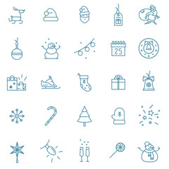 Set of Christmas vector fully editable line icons. Christmas decorations, bell, stocking, gift bags, Santa Claus, Snowman, sleigh, snowflake, gifts and tags, champagne, fir thee, garland and reindeer.