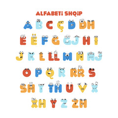 Albanian colorful alphabet for kids education with cute characters. Poster, banner for preschool, school, kindergarten, lesson, home education
