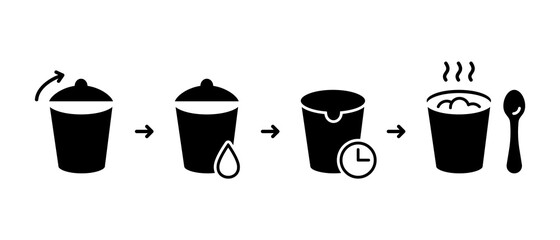 Silhouette steps for brewing noodles in plastic packaging. Instant food cup instruction. Cooking soup, porridge, mashed potatoes. Black outline isolated icon. Flat vector illustration