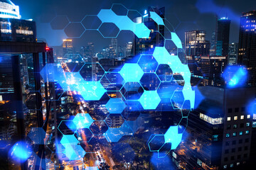 Abstract technology icons, night aerial panoramic cityscape of Bangkok, Asia. The concept of innovative approach to optimize international business process. Double exposure.