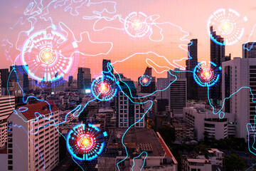 Glowing hologram of Earth planet map on aerial panoramic cityscape of Bangkok at sunset, Asia. The concept of international business. Multi Exposure.