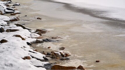 abstract spring and winter landscape of rocky shore close-up