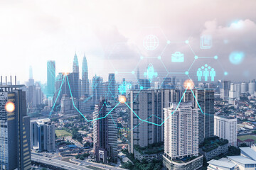 Research and development hologram over panorama city view of Kuala Lumpur. KL is hub of new technologies to optimize business in Malaysia, Asia. Concept of exceeding opportunities. Double exposure.