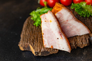 smoked bacon spices meat pork cheek serving size salt raw natural product top view copy space for...