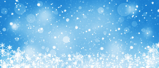 Snowflakes and snow on blue. Winter Christmas background, greeting card. Banner