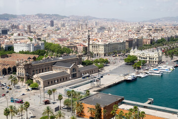The panorama, urban cityscape of Barcelona, Spain, and  the coastline of Mediterranean sea taken from the cable car of the teleferic cableway leading from the Barcelona port to Montjuic mountain 
