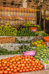 Fruits and vegetables in a small market in Vagator, Goa, India. Vegetables, fruit and seafood is one of the main part of Indian peoples ration.