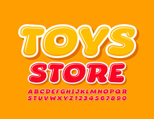 Vector bright emblem Toys Store. Comic Style Font. Red Playful Alphabet Letters and Numbers set