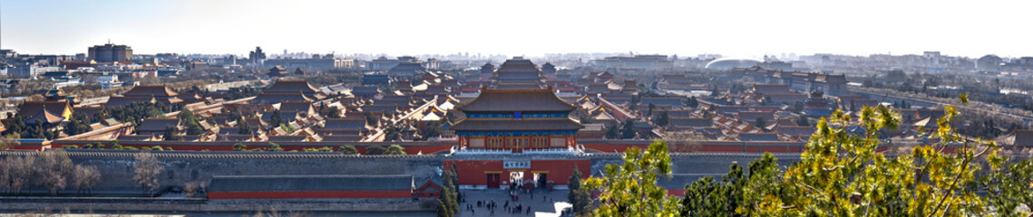 Panoramic view of the Forbidden City from the hill. The Gate of Divine Might. The tablet...