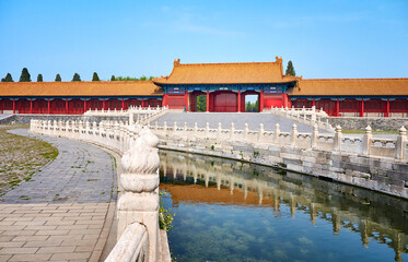 ancient chinese architecture. historic buildings against the blue sky.  Inner Golden Water. The Imperial Palace in Beijing