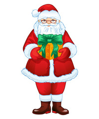Santa Claus with a gift. Funny New Year character on a white background.