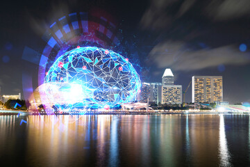 Human brain hologram, aerial panoramic city view of Singapore at night. Educational cluster in Asia. The concept of artificial intelligence. Double exposure.