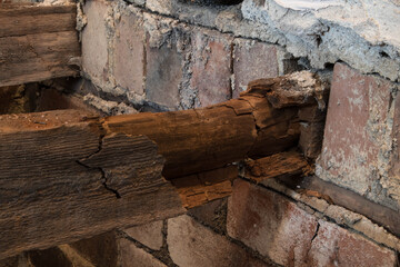 Rotton broken floor joists exposed during home renovation and building works. - obrazy, fototapety, plakaty