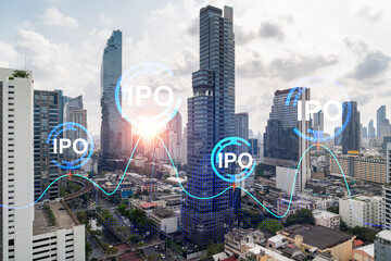 IPO icon hologram over panorama city view of Bangkok, the hub of initial public offering in Asia....