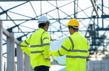 Engineers discussion with architect about detail of building at construction site.