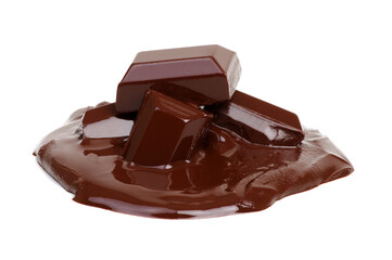 Melting piece of dark chocolate bar on white